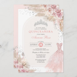 Invitación Duste Plata Rosa Boho Flor Quinceañera Vestido