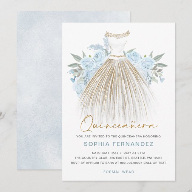 Invitación Duste purpurina de oro azul Vestido floral Quincea (Anverso / Reverso)