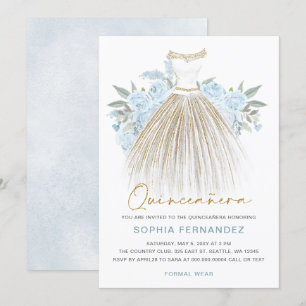 Invitación Duste purpurina de oro azul Vestido floral Quincea