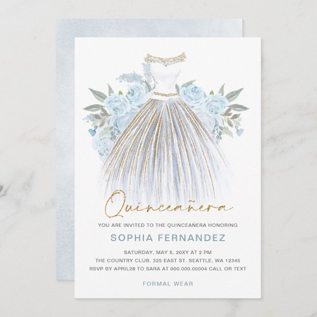 Invitación Duste purpurina de oro azul Vestido floral Quincea (Anverso / Reverso)