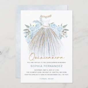 Invitación Duste purpurina de oro azul Vestido floral Quincea