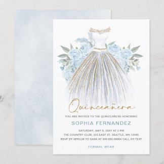 Invitación Duste purpurina de oro azul Vestido floral Quincea
