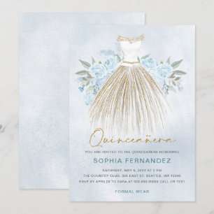 Invitación Duste purpurina de oro azul Vestido floral Quincea