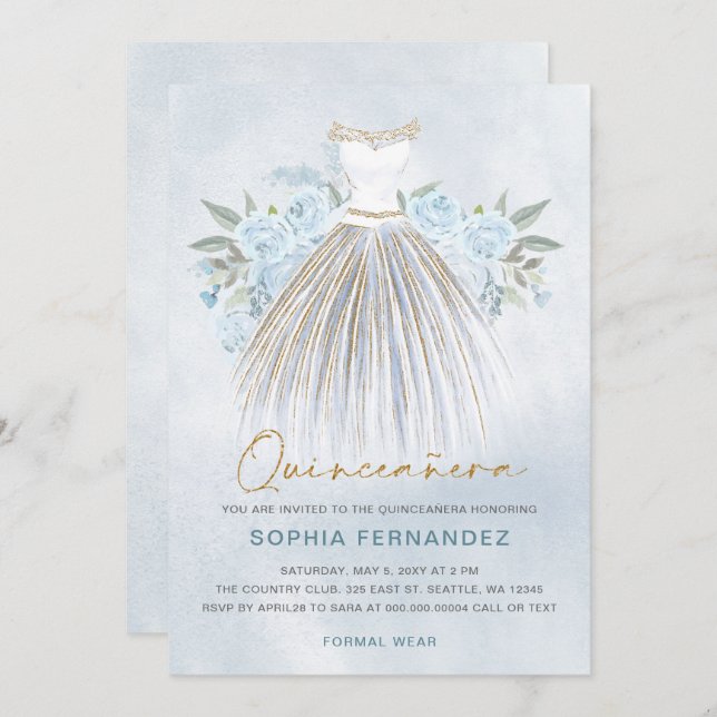 Invitación Duste purpurina de oro azul Vestido floral Quincea (Anverso / Reverso)