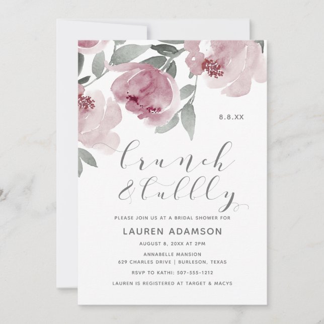 Invitación Duste Rosa acuarela Bridal Brunch Bubbly Shower (Anverso)