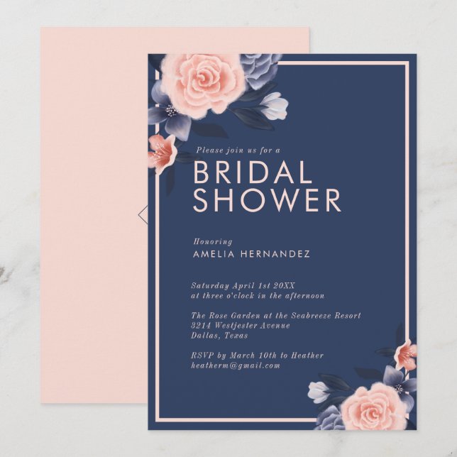 Invitación Duste Rosa acuarela Floral moderna ducha de novia (Anverso / Reverso)