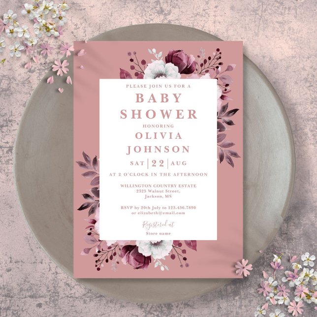 Invitación Duste Rosa acuarela País Floral Baby Shower (Dusty Rose Watercolor Country Floral Baby Shower Invitation)