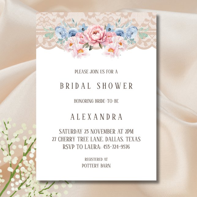 Invitación Duste rosa azul Romántico Floral Lace Brillante Du (Subido por el creador)