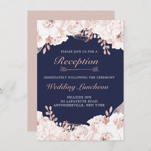 Invitación Duste Rosa Blanco Lush Floral Navy recepción azul (Anverso / Reverso)