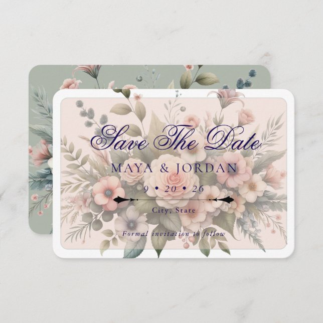 Invitación Duste Rosa Botánico Save The Date Elegant Floral (Anverso / Reverso)