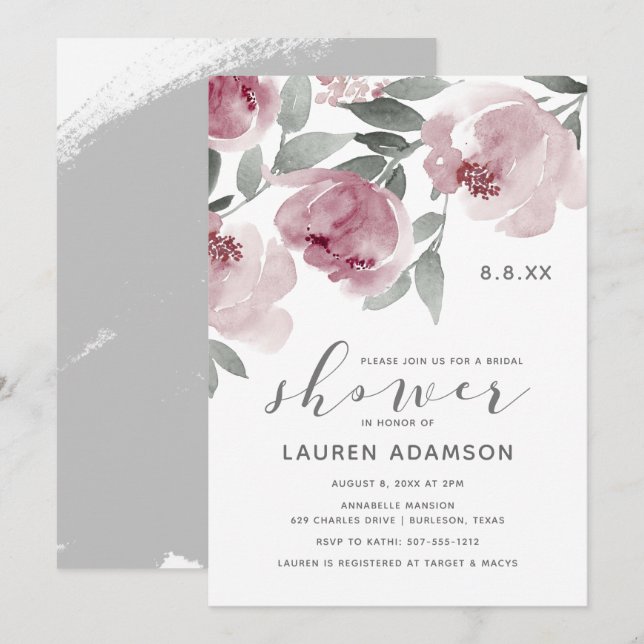 Invitación Duste Rosa Bridal Shower Soft Watercolor (Anverso / Reverso)