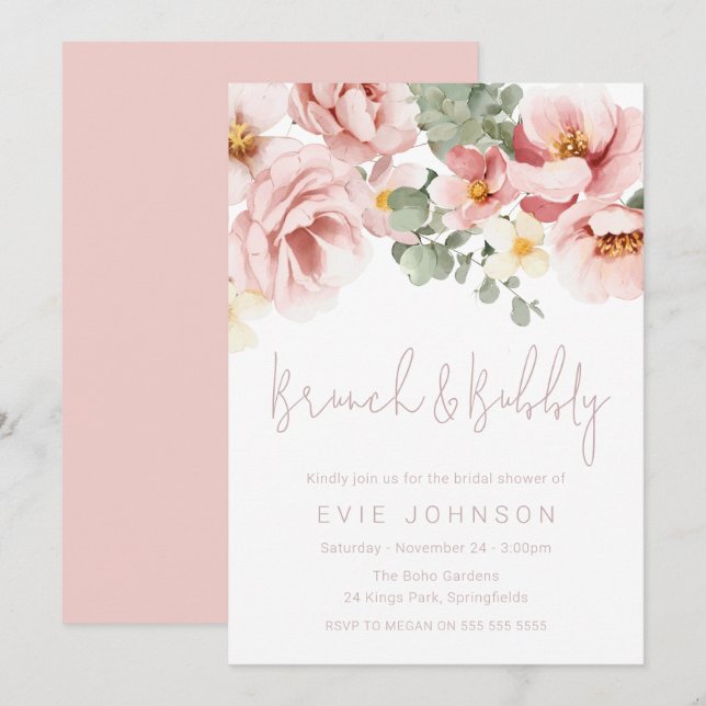 Invitación Duste Rosa Brunch & Bubbly Bridal Shower (Anverso / Reverso)