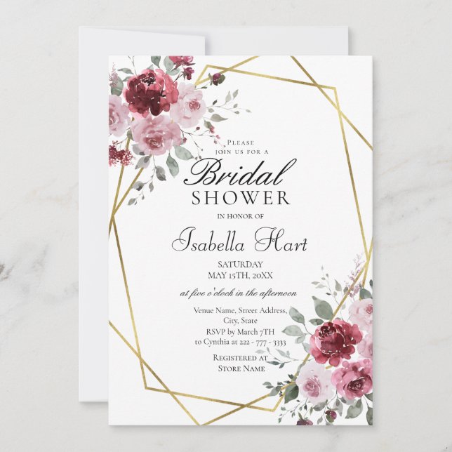 Invitación Duste Rosa Burgundy Gold Floral Bridal Shower (Anverso)