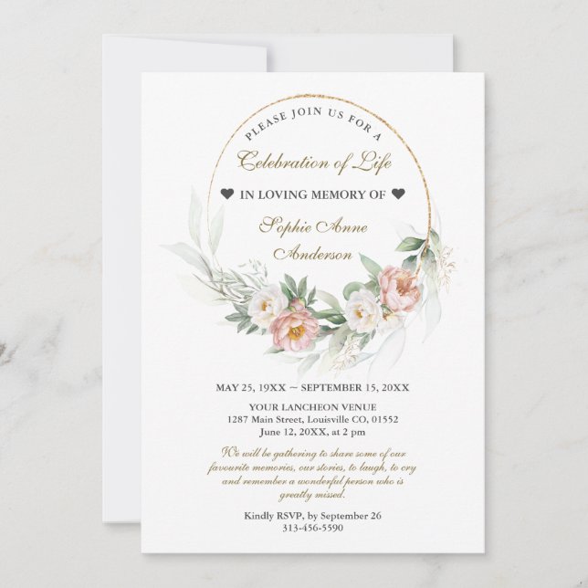 Invitación Duste Rosa celebración del funeral de la vida (Anverso)