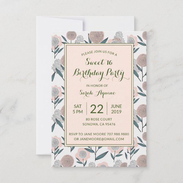 Invitación Duste Rosa de mano Drena dulce de flores 16 cumple (Anverso)