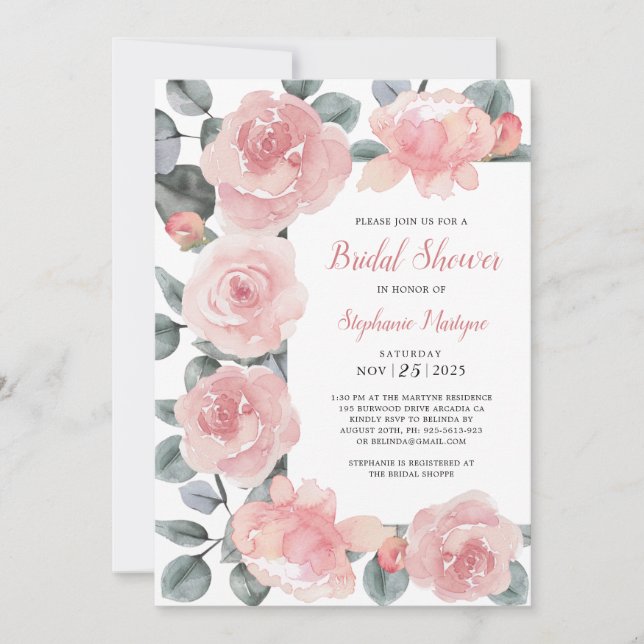 Invitación Duste Rosa Eucalyptus Elegante Floral Bridal Showe (Anverso)