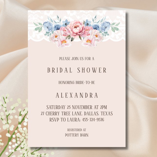 Invitación Duste rosa Floral azul Vintage Lace Bridal Shower (Subido por el creador)