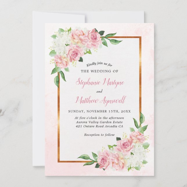 Invitación Duste Rosa Floral blanca Boda dorado (Anverso)