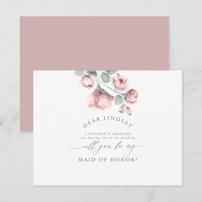 Invitación Duste Rosa Floral, dama de honor (Anverso / Reverso)