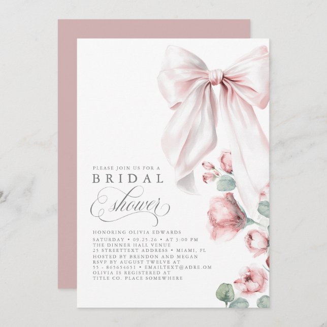 Invitación Duste Rosa Floral Elegante Ducha Bridal (Anverso / Reverso)