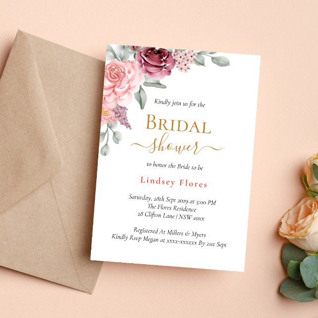 Invitación Duste Rosa Floral Elegante ducha de novias doradas (Subido por el creador)