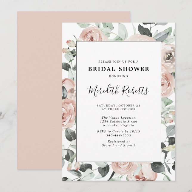 Invitación Duste Rosa Floral Eucalyptus Bridal Shower (Anverso / Reverso)