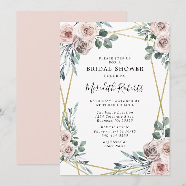 Invitación Duste Rosa Floral Greenery Bridal Shower (Anverso / Reverso)
