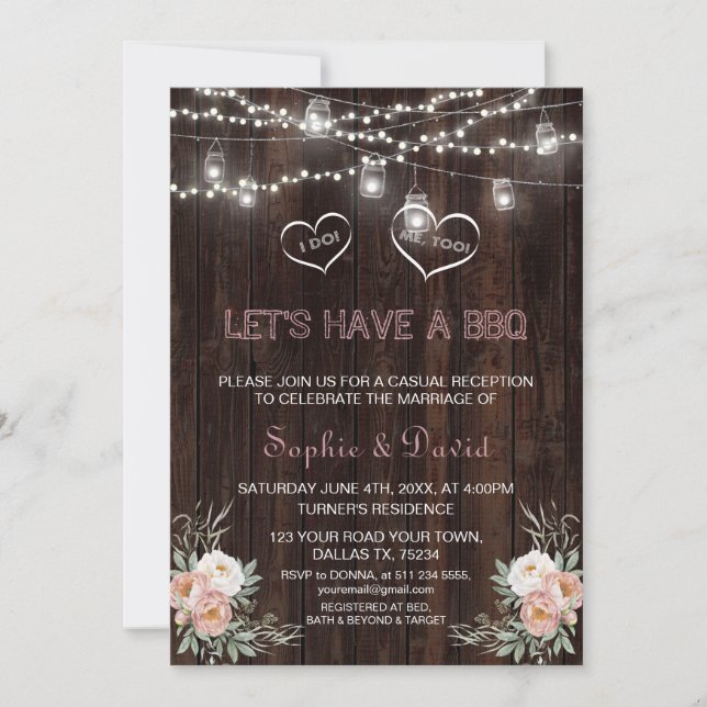 Invitación Duste Rosa Floral String Lights Wood I DO BBQ (Anverso)