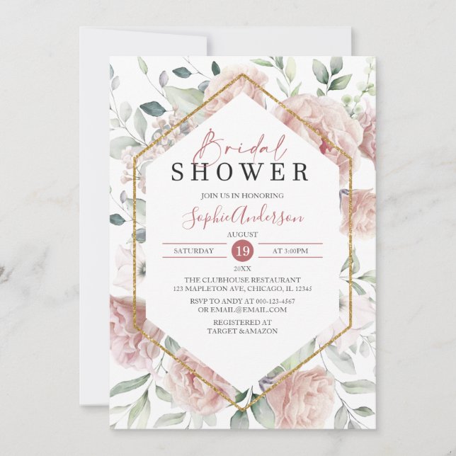 Invitación  Duste Rosa Gold y Eucalyptus Boho Bridal Shower (Anverso)