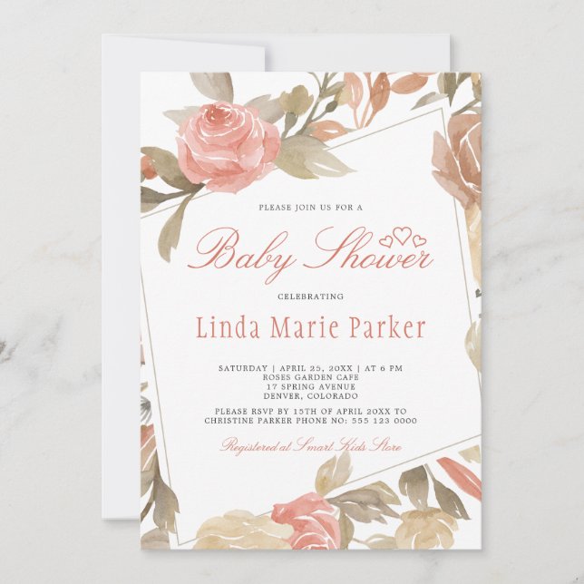 Invitación Duste Rosa Peach Cream Floral Baby Shower (Anverso)