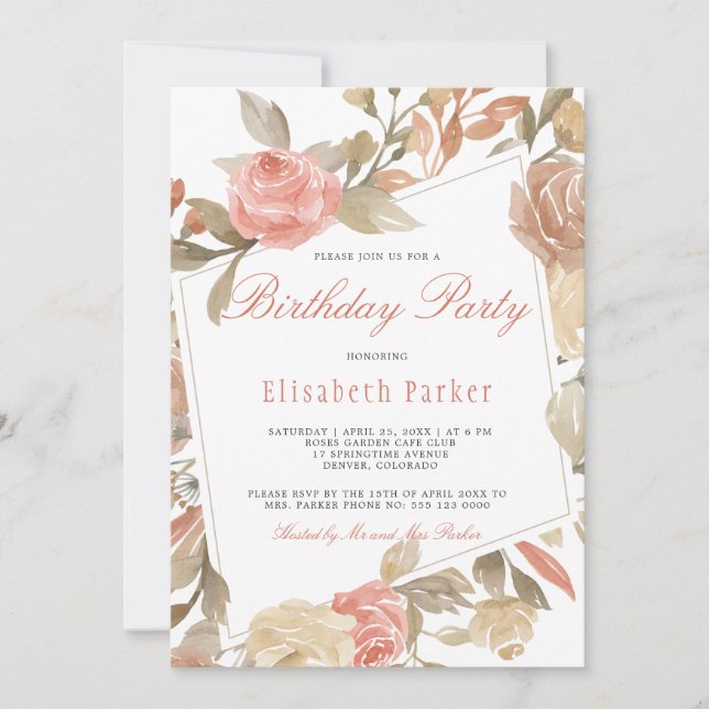 Invitación Duste Rosa Peach Cream Floral Birthday Party (Anverso)