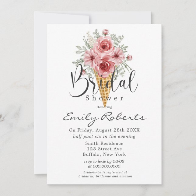 Invitación Duste Rosa Peony Ice Cream Cone Bridal Shower (Anverso)