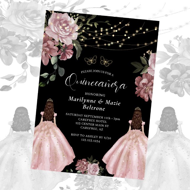 Invitación Duste Rosa Princesa Gemelos Florales Quinceañera (Subido por el creador)