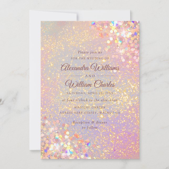 Invitación Duste Rosa Purpurina holográfico elegante matrimon (Anverso)