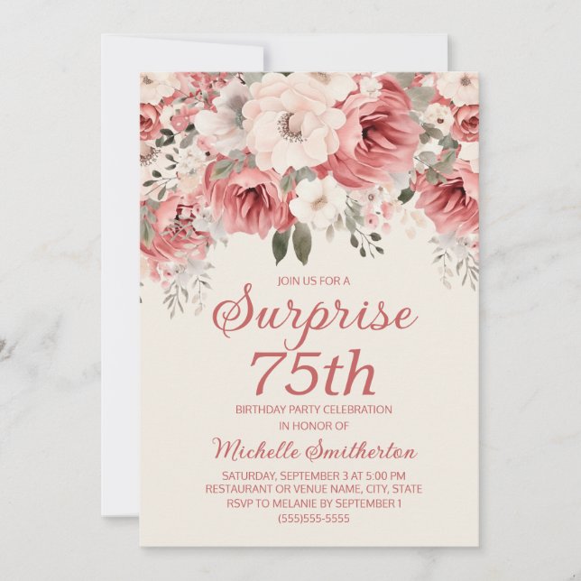 Invitación Duste Rosa Red Cream Watercolor Floral Sorpresa 75 (Anverso)