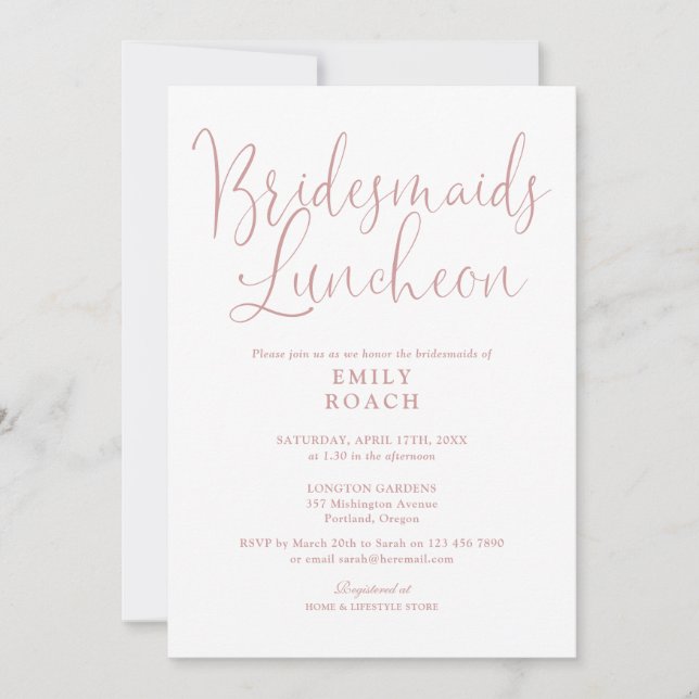 Invitación Duste Rosa Rosa Elegante Bridesmaids Luncheon (Anverso)