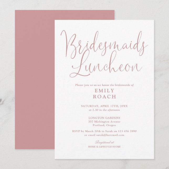 Invitación Duste Rosa Rosa Elegante Bridesmaids Luncheon (Anverso / Reverso)
