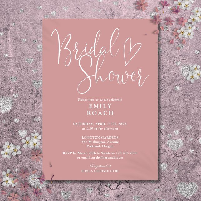 Invitación Duste Rosa rosa elegante guión elegante ducha de n (Dusty Rose Pink Elegant Script Bridal Shower Invitation)