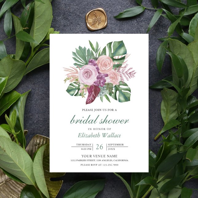 Invitación Duste rosa rosa Roses Tropical Monstera Brillante  (Subido por el creador)