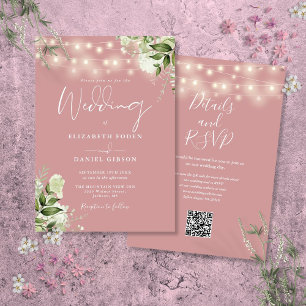 Invitación Duste Rosa String Luces Floral QR Code Boda