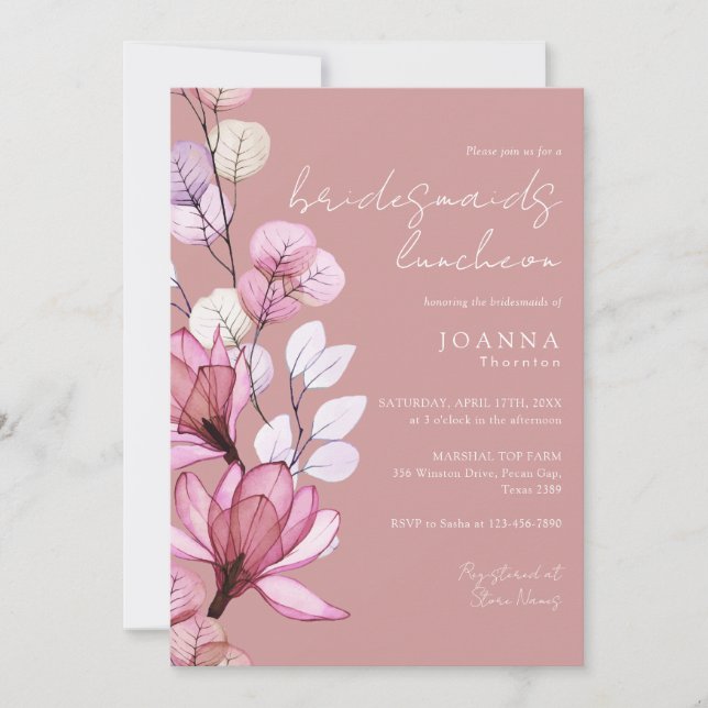 Invitación Duste Rosa Transparente Floral Bridesmaids Luncheo (Anverso)