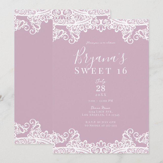 Invitación Duste rosa y blanco encaje elegante dulce 16 Fiest (Anverso / Reverso)