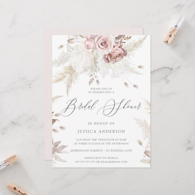 Invitación Duste Rosa y marfil Floral gran ducha de novia Inv (Anverso/Reverso In Situ)