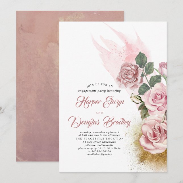 Invitación Duste Rosa y Purpurina de oro (Anverso / Reverso)