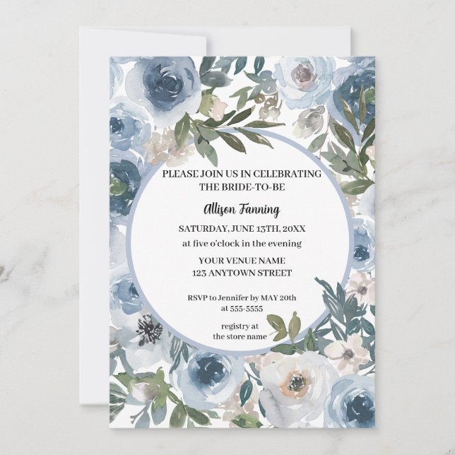Invitación Duste Rosas azules acuarela ducha de novia (Anverso)