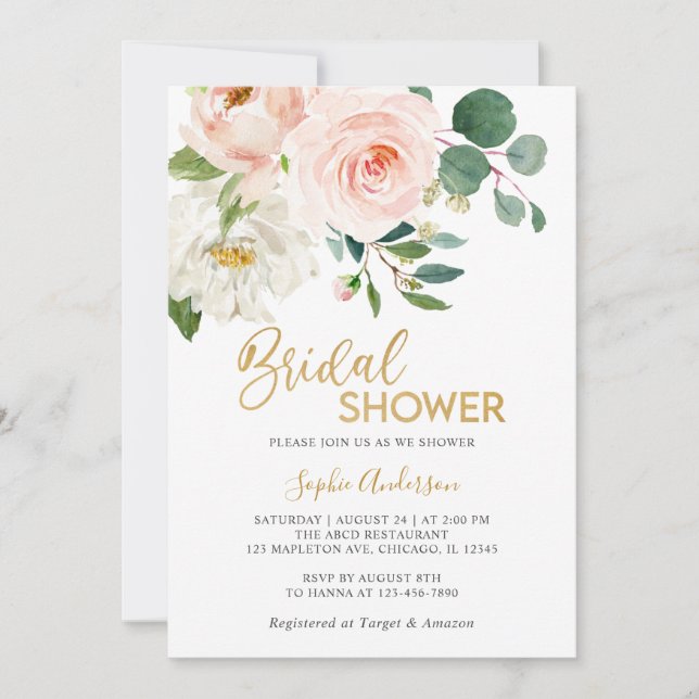 Invitación Duste Rubor Pink Gold Floral Bridal Shower (Anverso)