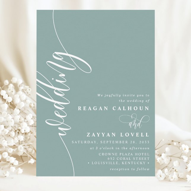 Invitación Duste Verde azulado elegante caligrafía Boda de gu (Subido por el creador)