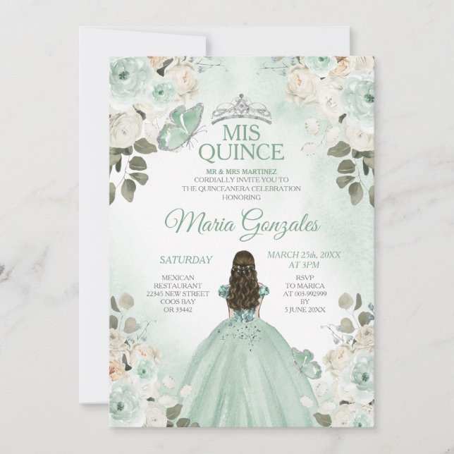 Invitación Duste Verde y Plata Mis Quince Floral Quinceañera (Anverso)