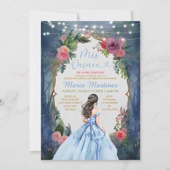 Invitación Duste Vestido Azul Oscuro Bosque Floral Mis Quince (Anverso)