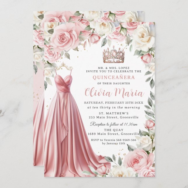 Invitación Duste vestido de flores de marfil rosado vestido Q (Anverso / Reverso)